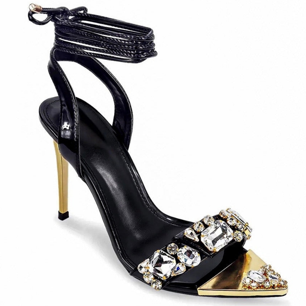 Be the Bell of the Ball in these lace up, jeweled, black patent leathers heels